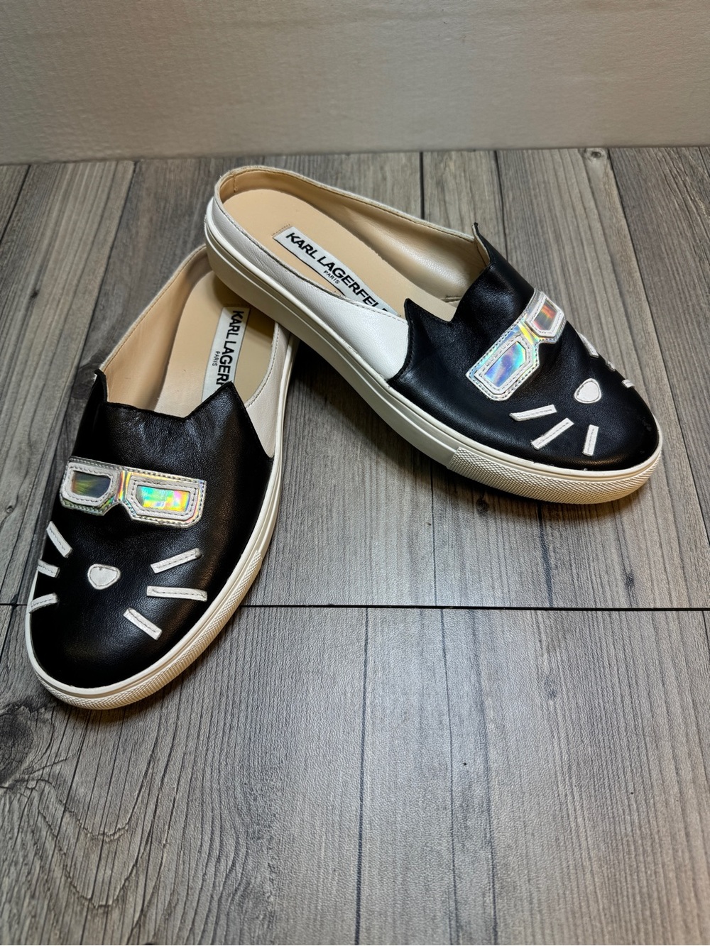 Karl Lagerfeld Paris Black white Leather Cat Mule Slides Shoes Women’s Size 5M
